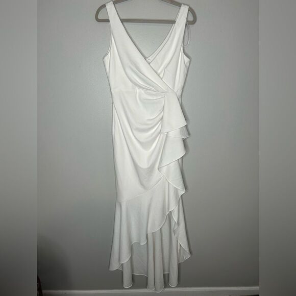 Betsy & Adam CANDACE" LONG V- NECK HI LOW CASCADE DRESS - Picture 2 of 4